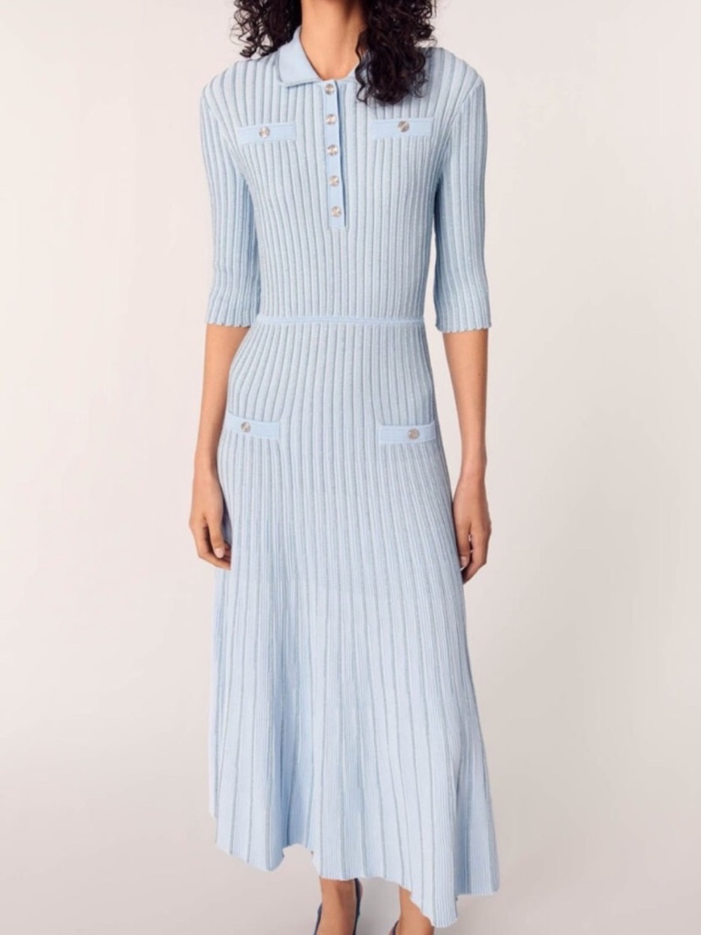 Maje Light Blue Ribbed Midi Dress